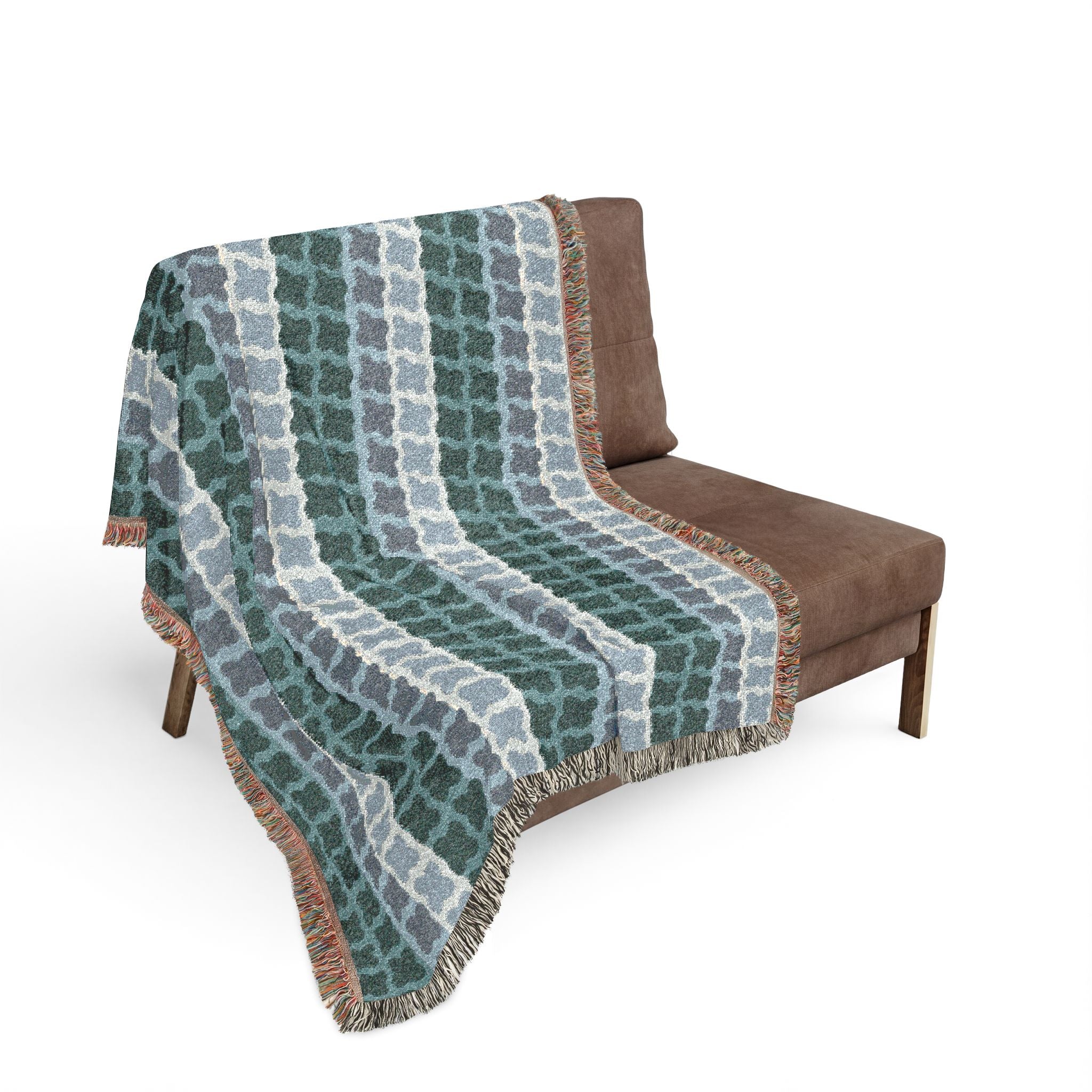 Mid Century Modern Cotton Throw Blanket | 1960s Inspired Geometric Pattern | Retro Green Sofa Throw with Fringe