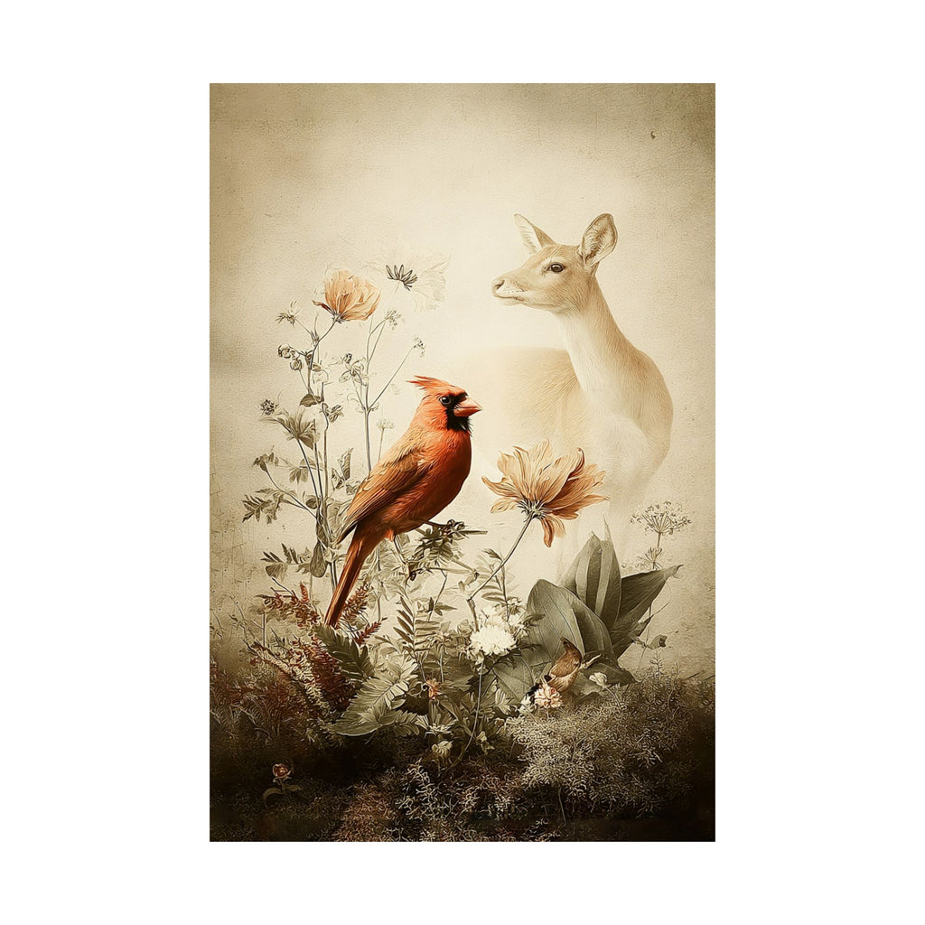 Woodland Cardinal and Doe Poster  | Nature Scene, Floral