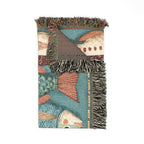 Vintage Folk Fish Woven Blanket | Teal & Rust Throw