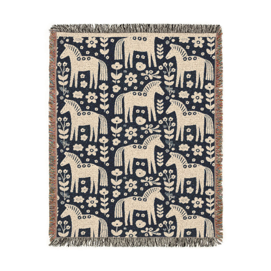 Scandinavian Dala Horse Woven Throw Blanket  | Nordic Folk Art Throw
