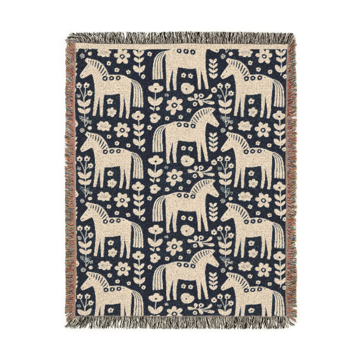Scandinavian Dala Horse Woven Throw Blanket  | Nordic Folk Art Throw