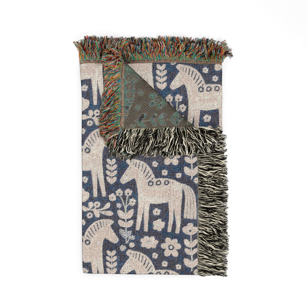 Scandinavian Dala Horse Woven Throw Blanket  | Nordic Folk Art Throw