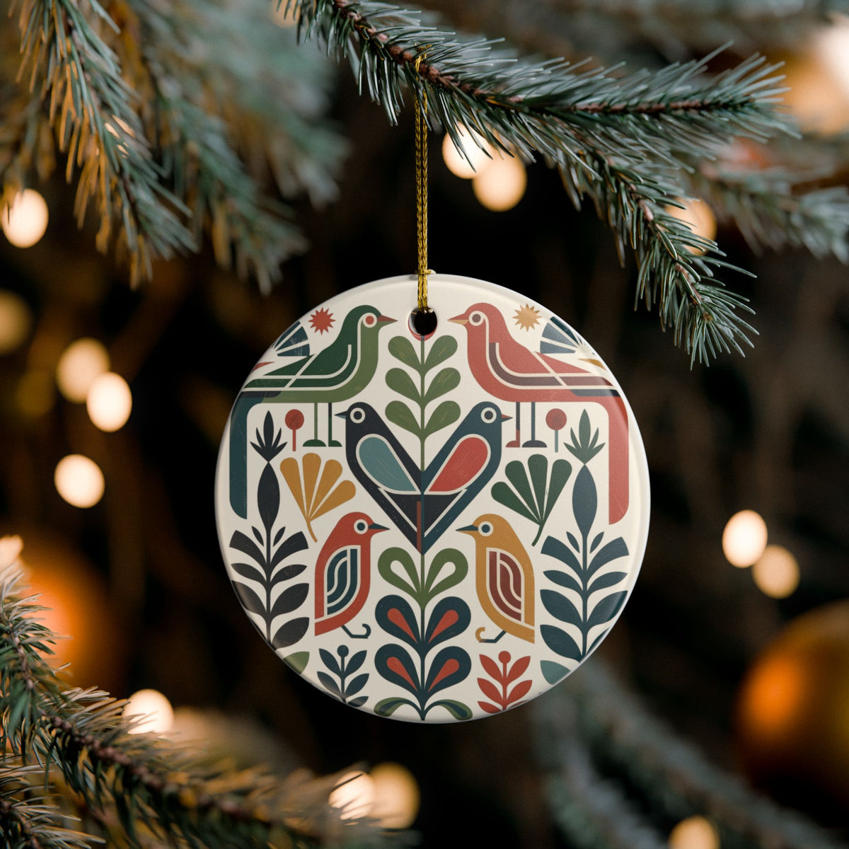 Personalized Scandinavian folk bird ceramic Christmas ornament