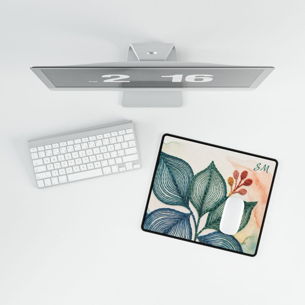Abstract Leaf Desk Mat, Cubicle Decor, Blue Green Office Mouse Pad, Botanical Desk Accessory