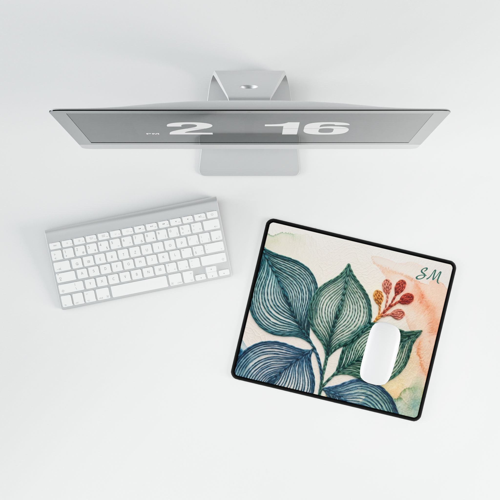 Abstract Leaf Desk Mat, Cubicle Decor, Blue Green Office Mouse Pad, Botanical Desk Accessory