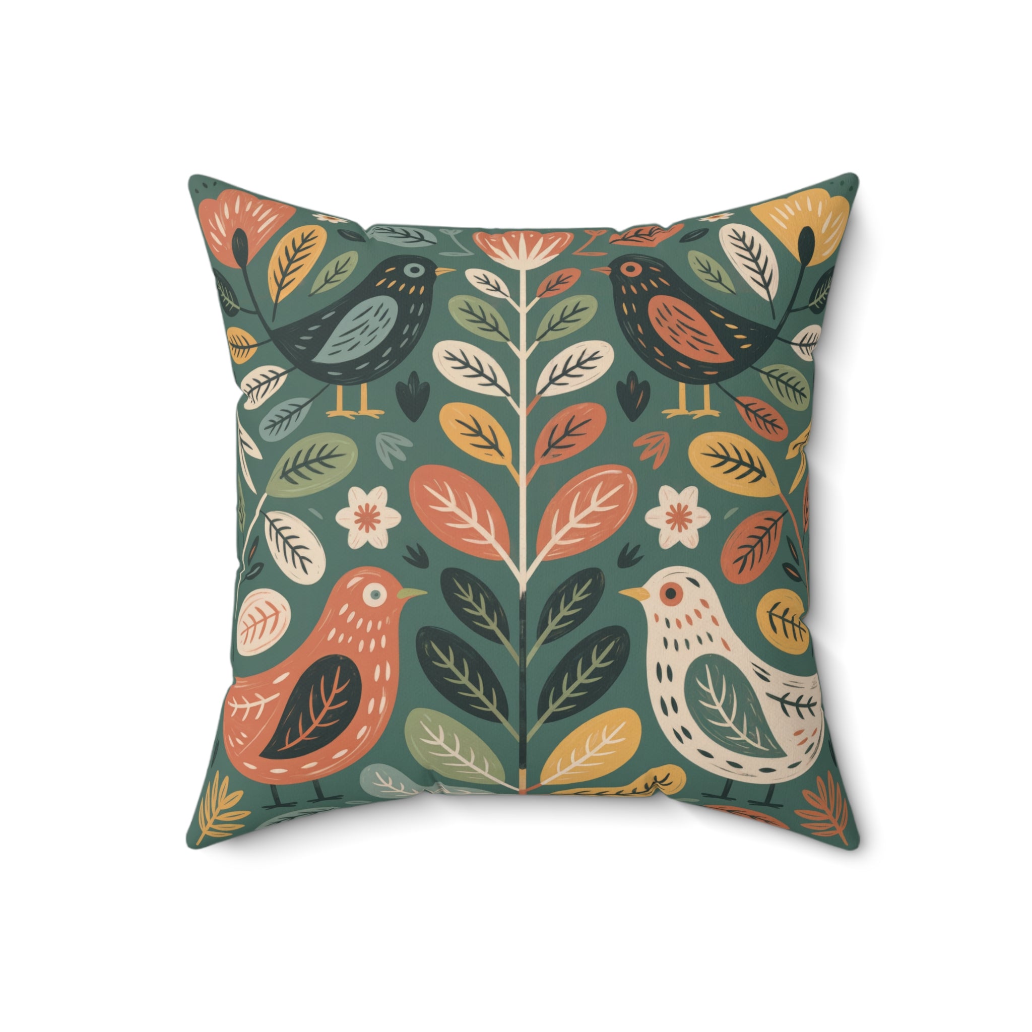 Folk Bird Botanical Throw Pillow, Cottagecore Nature Decor, Decorative Faux Suede Cushion