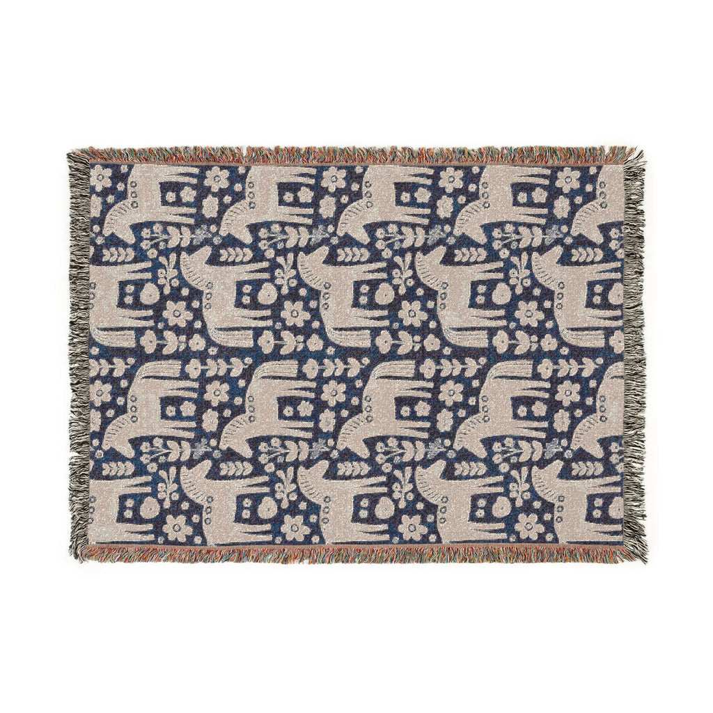 Scandinavian Dala Horse Woven Throw Blanket  | Nordic Folk Art Throw