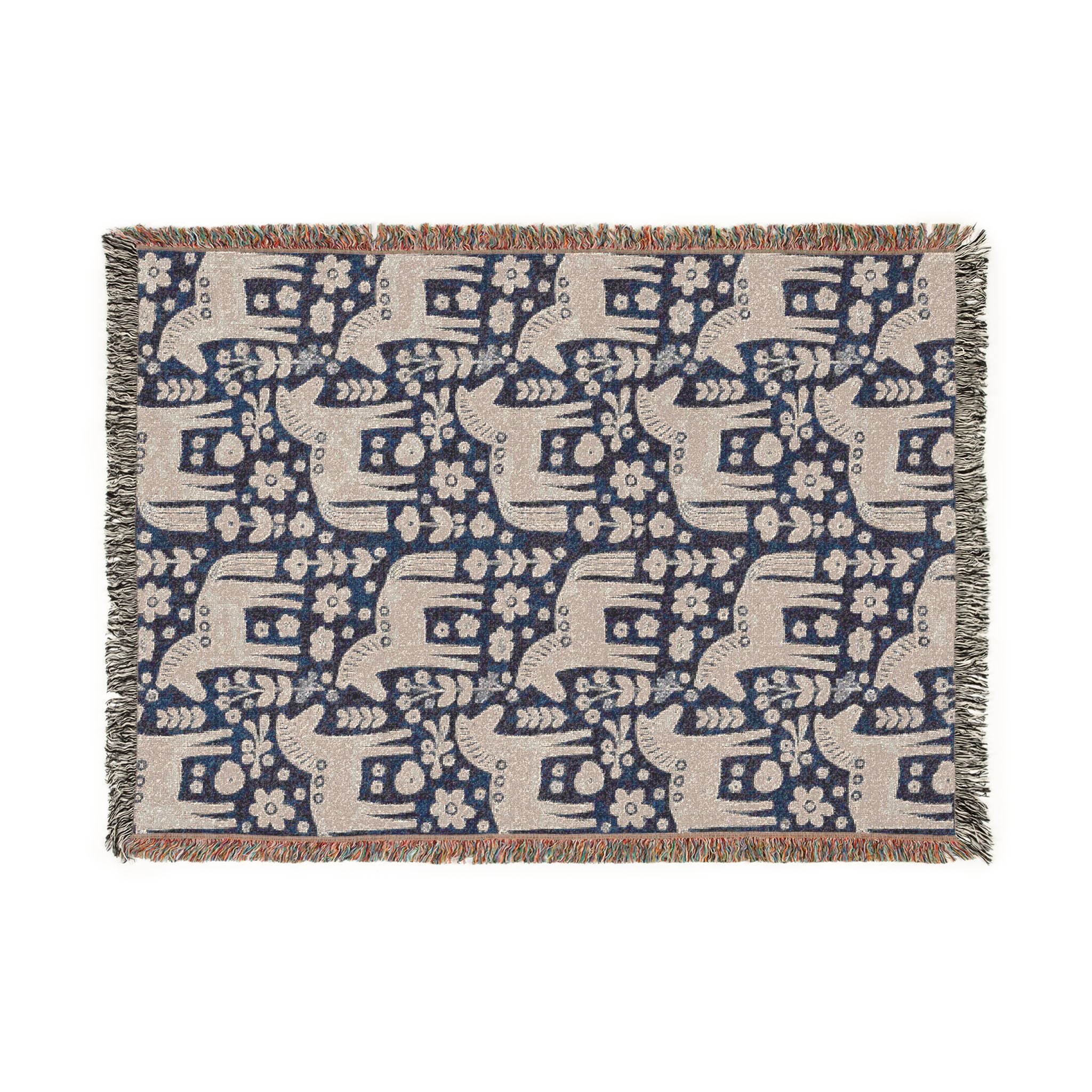 Scandinavian Dala Horse Woven Throw Blanket  | Nordic Folk Art Throw