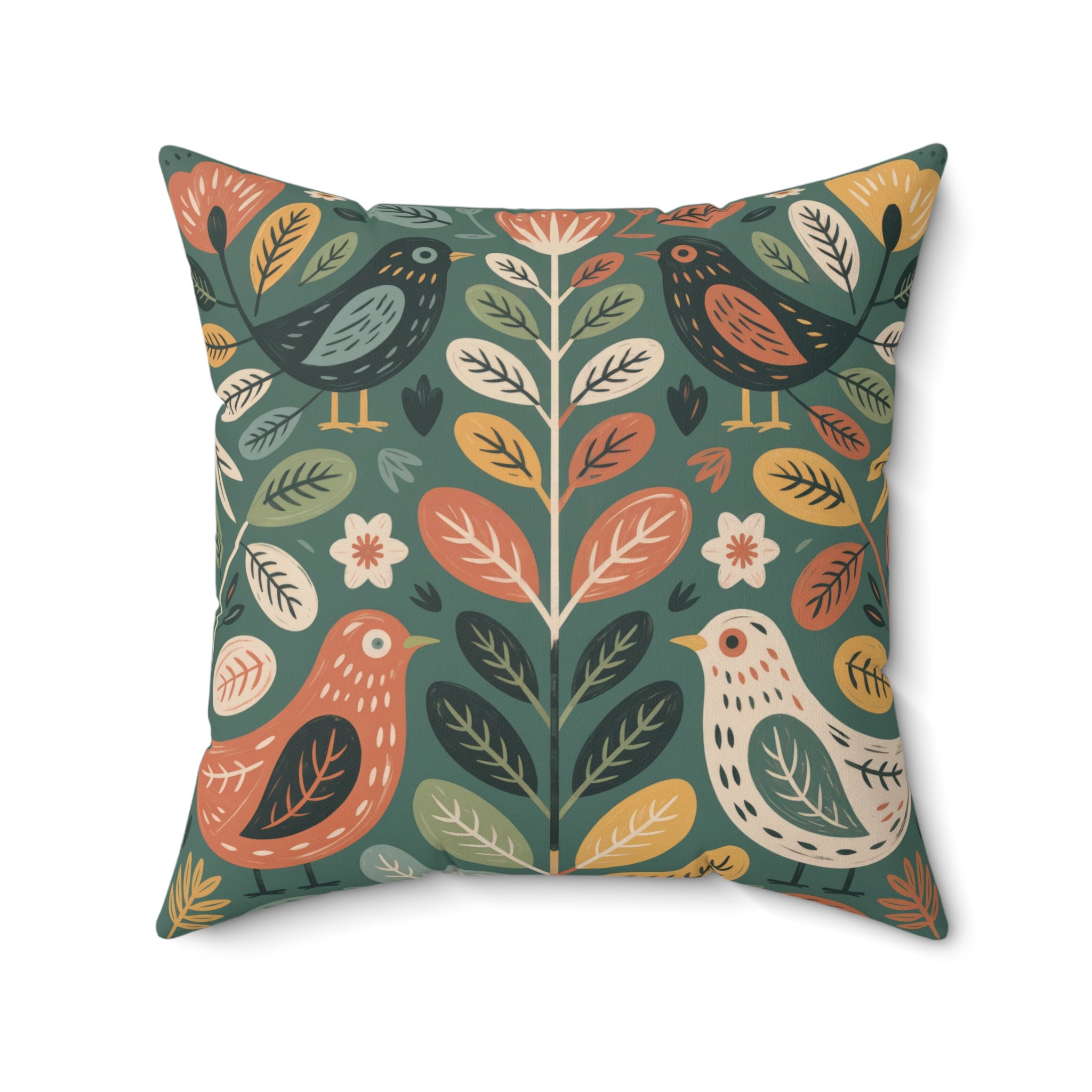 Folk Bird Botanical Throw Pillow, Cottagecore Nature Decor, Decorative Faux Suede Cushion