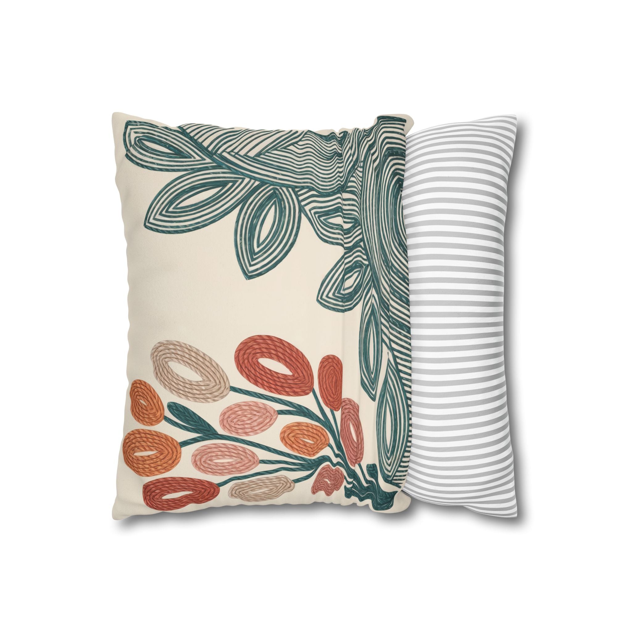 Mid Century Coral Teal Botanical Faux Suede Pillow Case | Modern Floral Decorative Accent