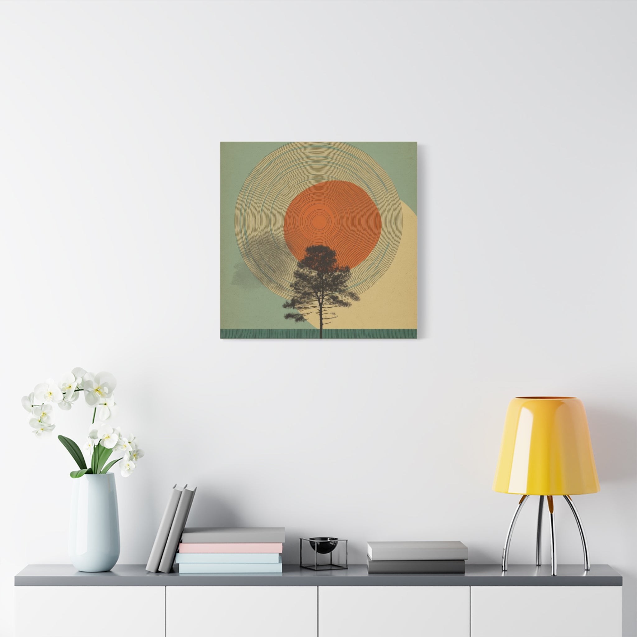 Tree Ring Wall Art | Mid Century Wall Art | Abstract Canvas Of Sun And Tree Nature Landscape