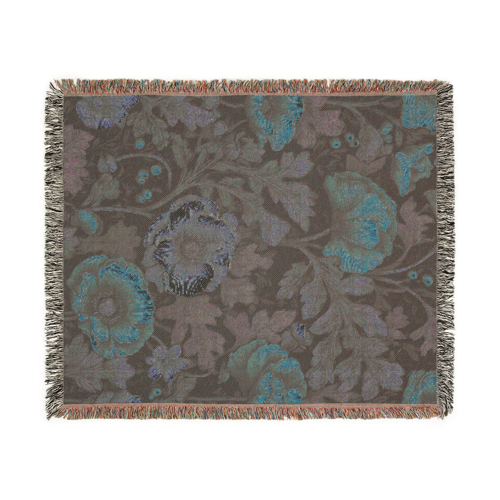 William Morris Poppy Garden Woven Blanket | Coral Orange & Teal Floral Throw