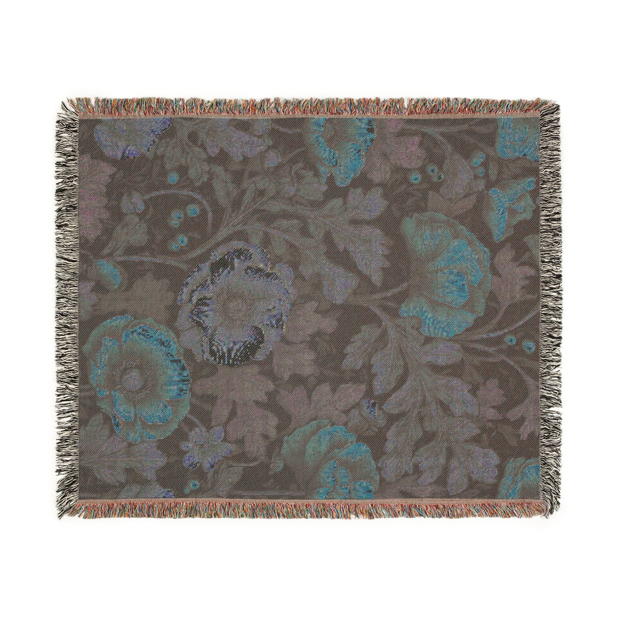 William Morris Poppy Garden Woven Blanket | Coral Orange & Teal Floral Throw