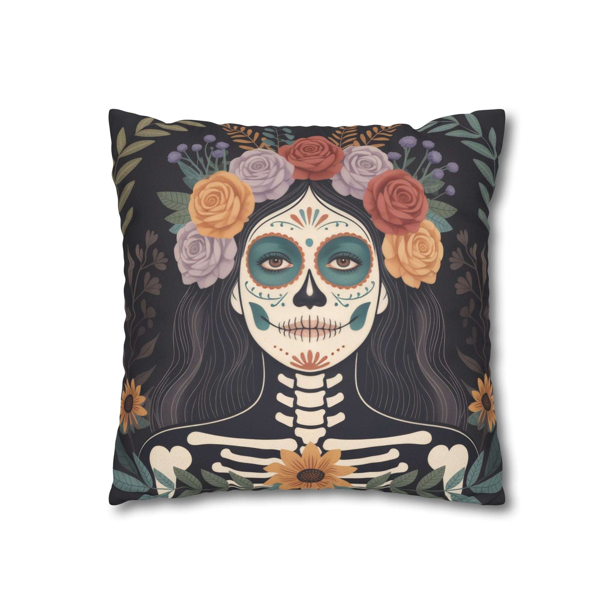 La Catrina Faux Suede Pillow Cover, Colorful Day of the Dead Floral Skull Decor