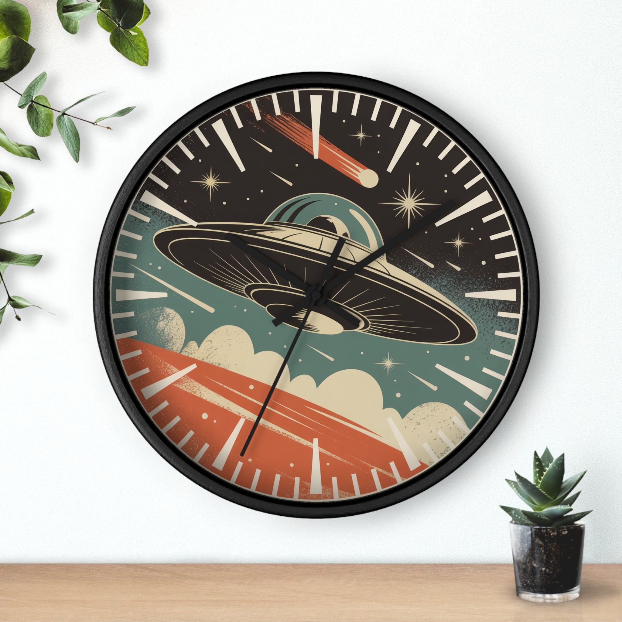 Mid Century Modern Clock, Vintage UFO Wall Clock, Retro Sci Fi Space Decor, 1950s Pulp Magazine Style, Flying Saucer Starburst Clock