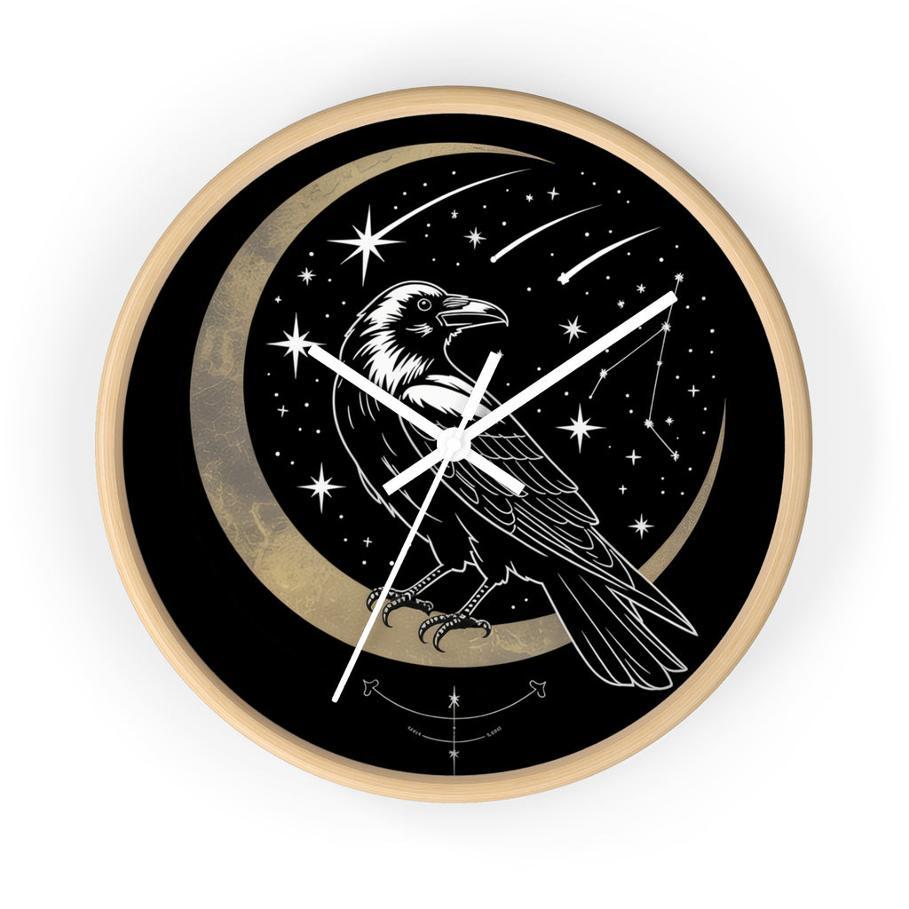 Raven Crescent Moon Wall Clock | Gothic Celestial Stars, Witchy Dark Academia
