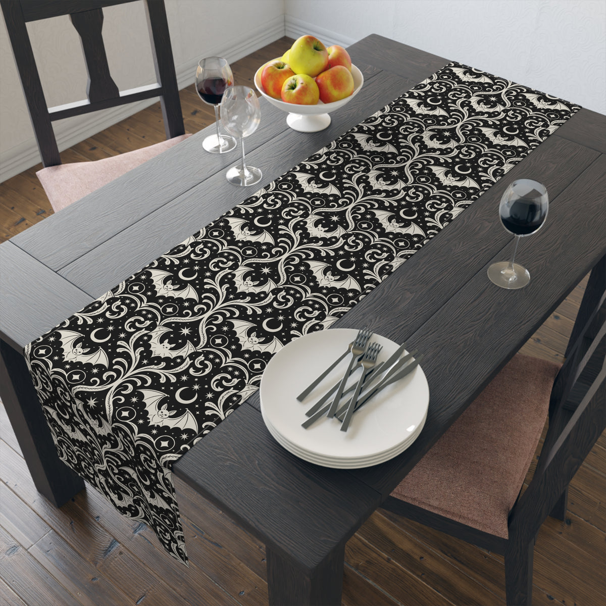 Gothic Bat Damask Table Runner | Black Halloween Table Decor