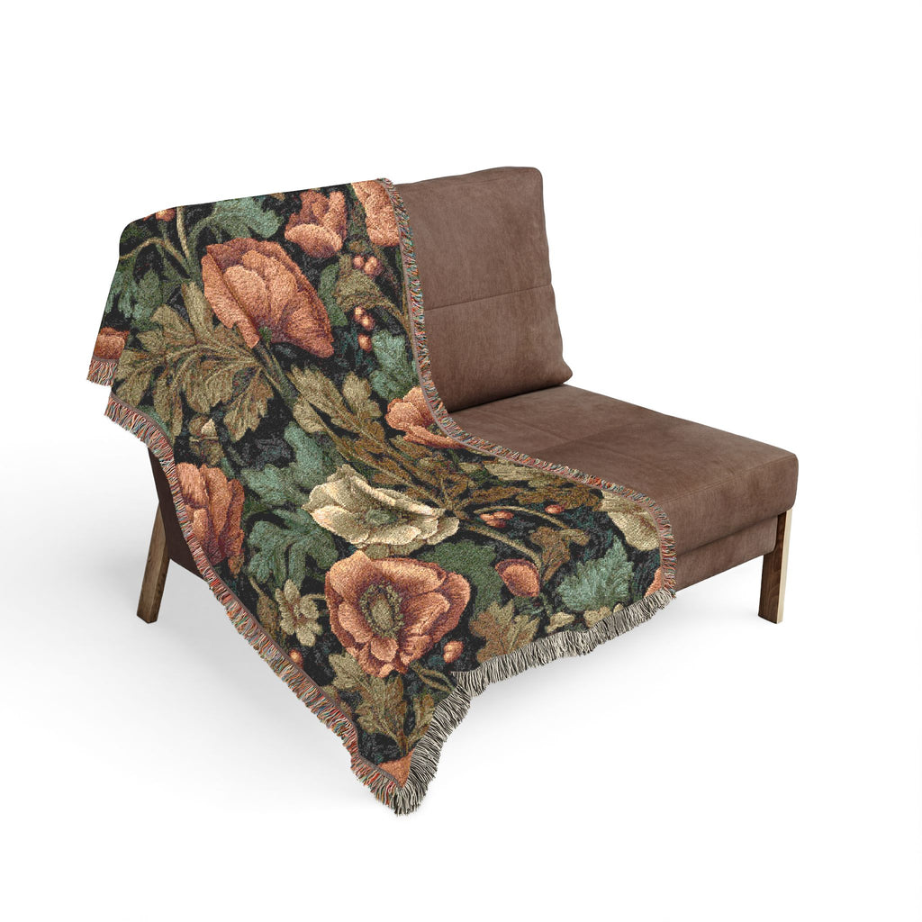 William Morris Poppy Garden Woven Blanket | Coral Orange & Teal Floral Throw