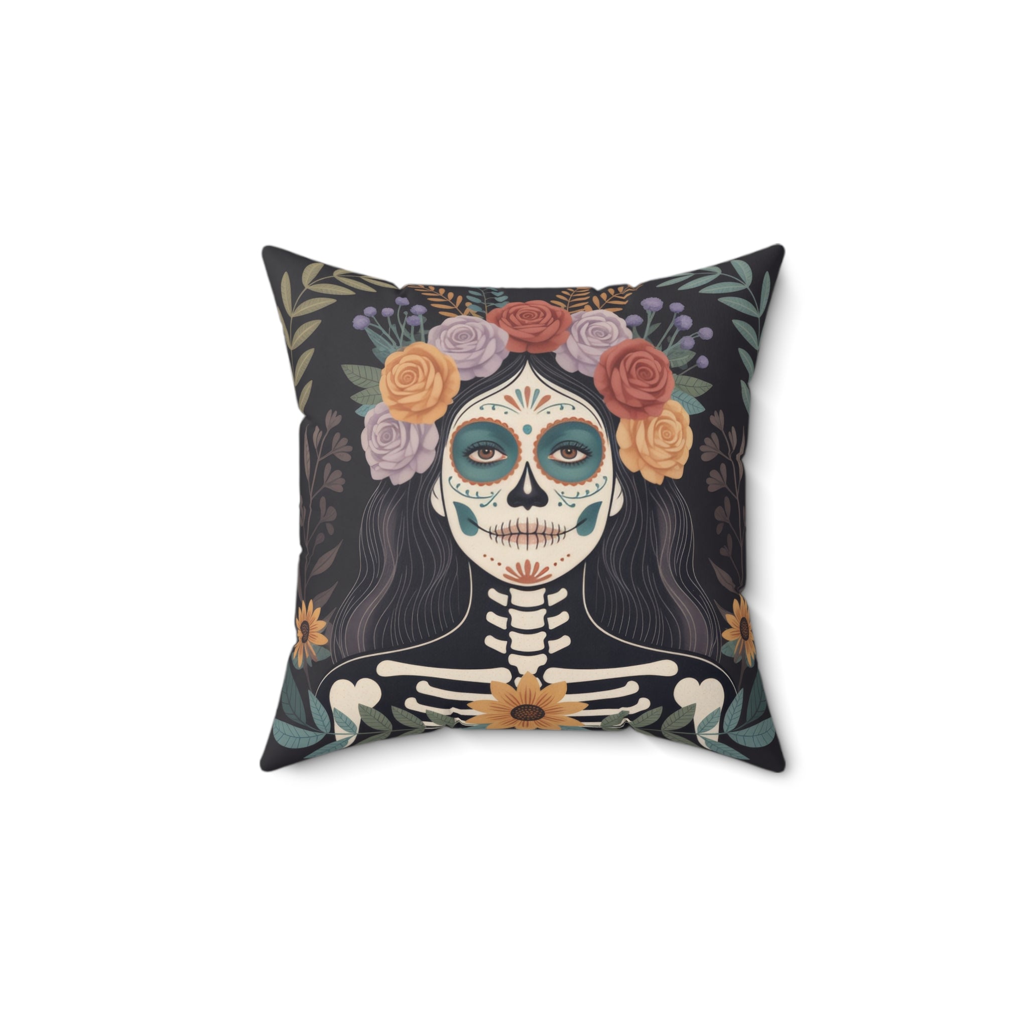 La Catrina Throw Pillow, Colorful Day of the Dead Skull, Mexican Folk Art Decor