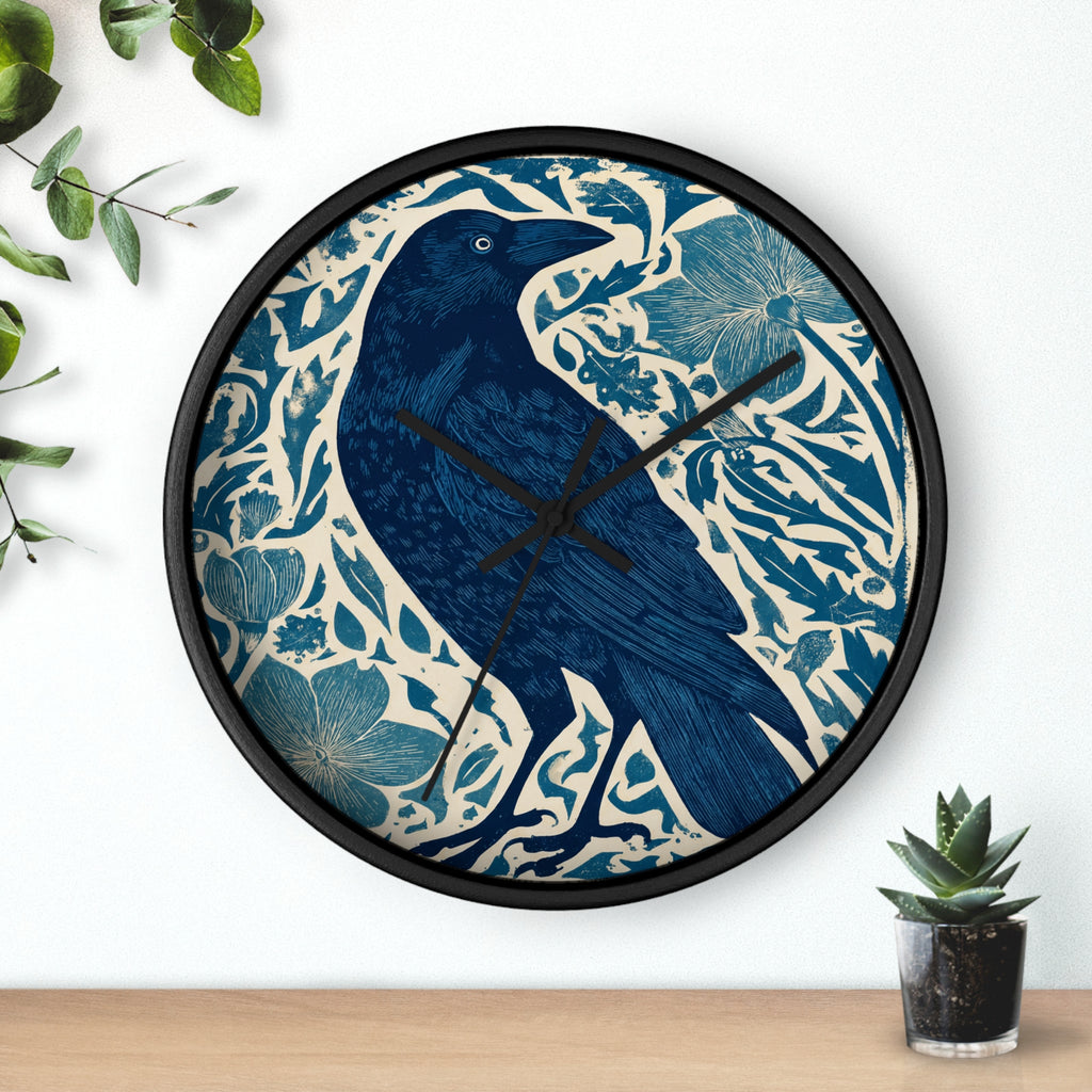 Linocut Raven Floral Wall Clock | Woodblock Style Vine Pattern