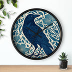 Linocut Raven Floral Wall Clock | Woodblock Style Vine Pattern