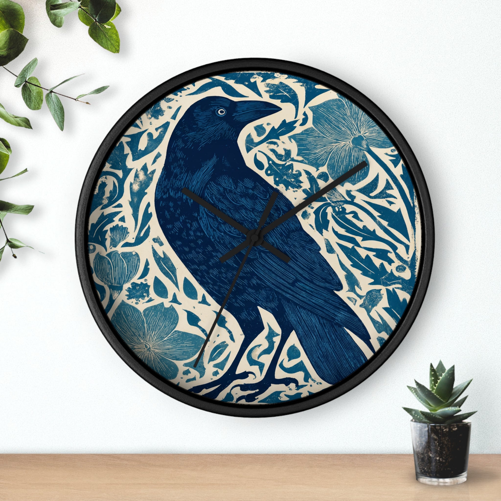 Linocut Raven Floral Wall Clock | Woodblock Style Vine Pattern