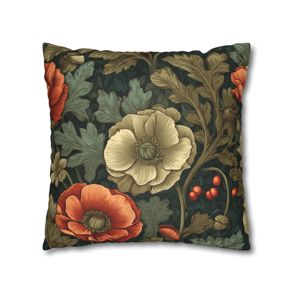 William Morris Inspired Poppy Garden Faux Suede Square Pillowcase