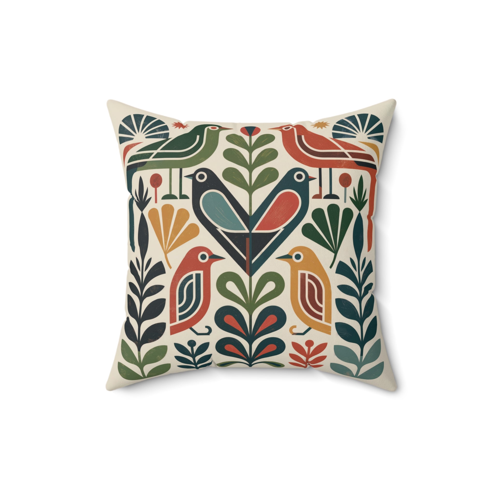 Mid-Century Folk Bird Throw Pillow, Geometric Botanical Cushion, Retro Modern Accent Pillow