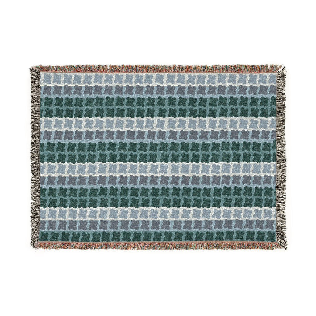 Mid Century Modern Cotton Throw Blanket | 1960s Inspired Geometric Pattern | Retro Green Sofa Throw with Fringe