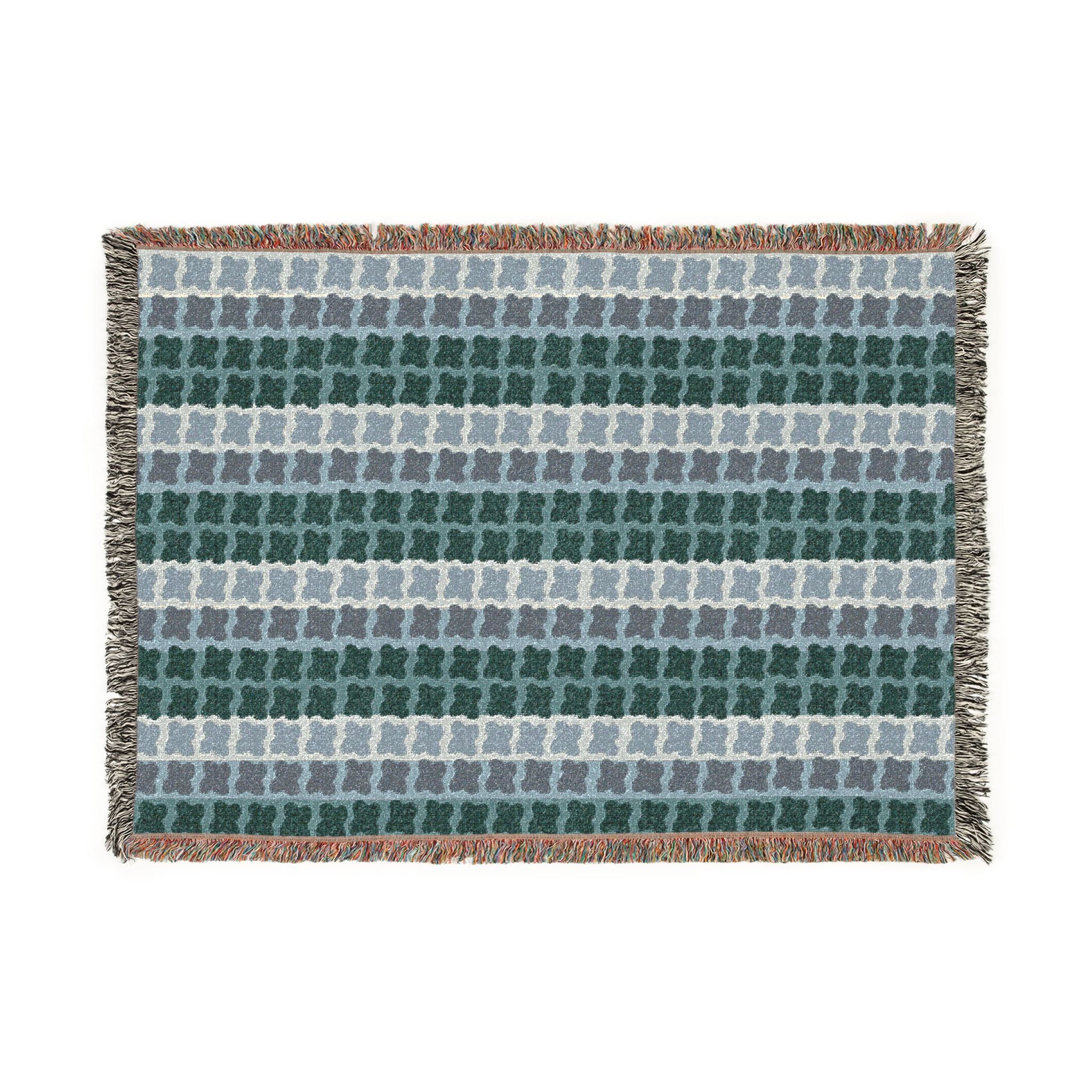Mid Century Modern Cotton Throw Blanket | 1960s Inspired Geometric Pattern | Retro Green Sofa Throw with Fringe