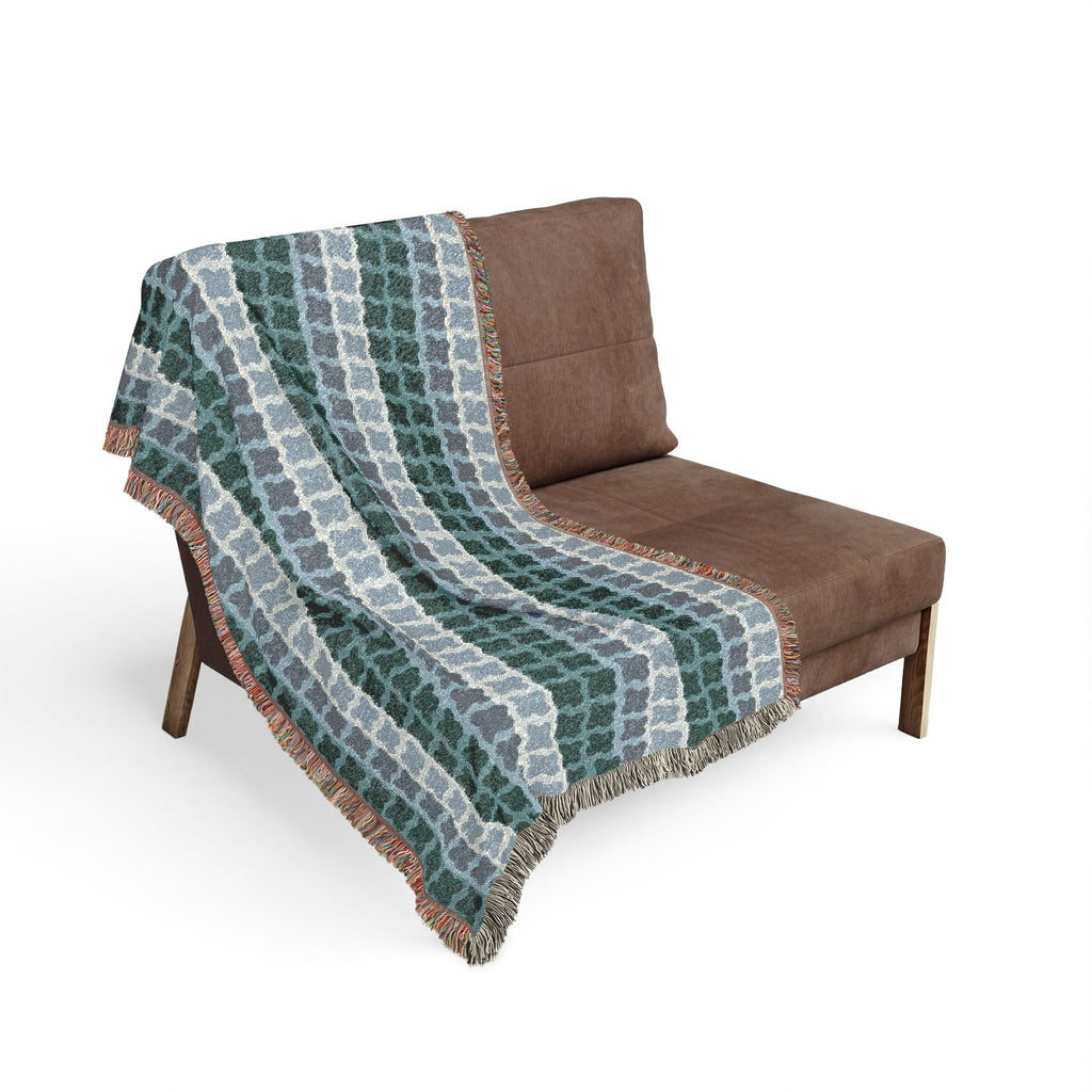 Mid Century Modern Cotton Throw Blanket | 1960s Inspired Geometric Pattern | Retro Green Sofa Throw with Fringe