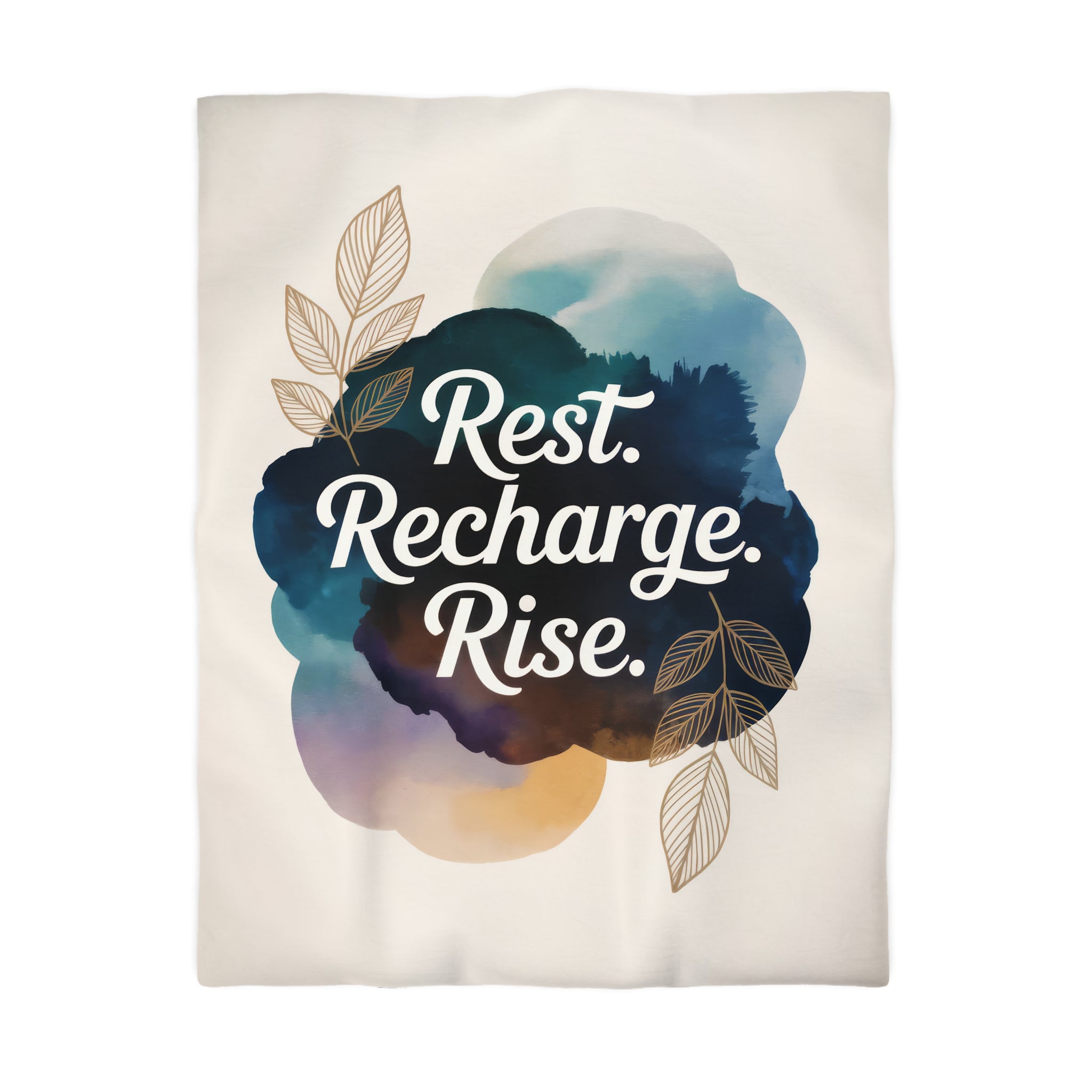 Rest Recharge Rise Duvet Cover | Watercolor Motivational Bedding | Navy Blue Botanical Comforter | Boho Decor | Twin XL Queen King