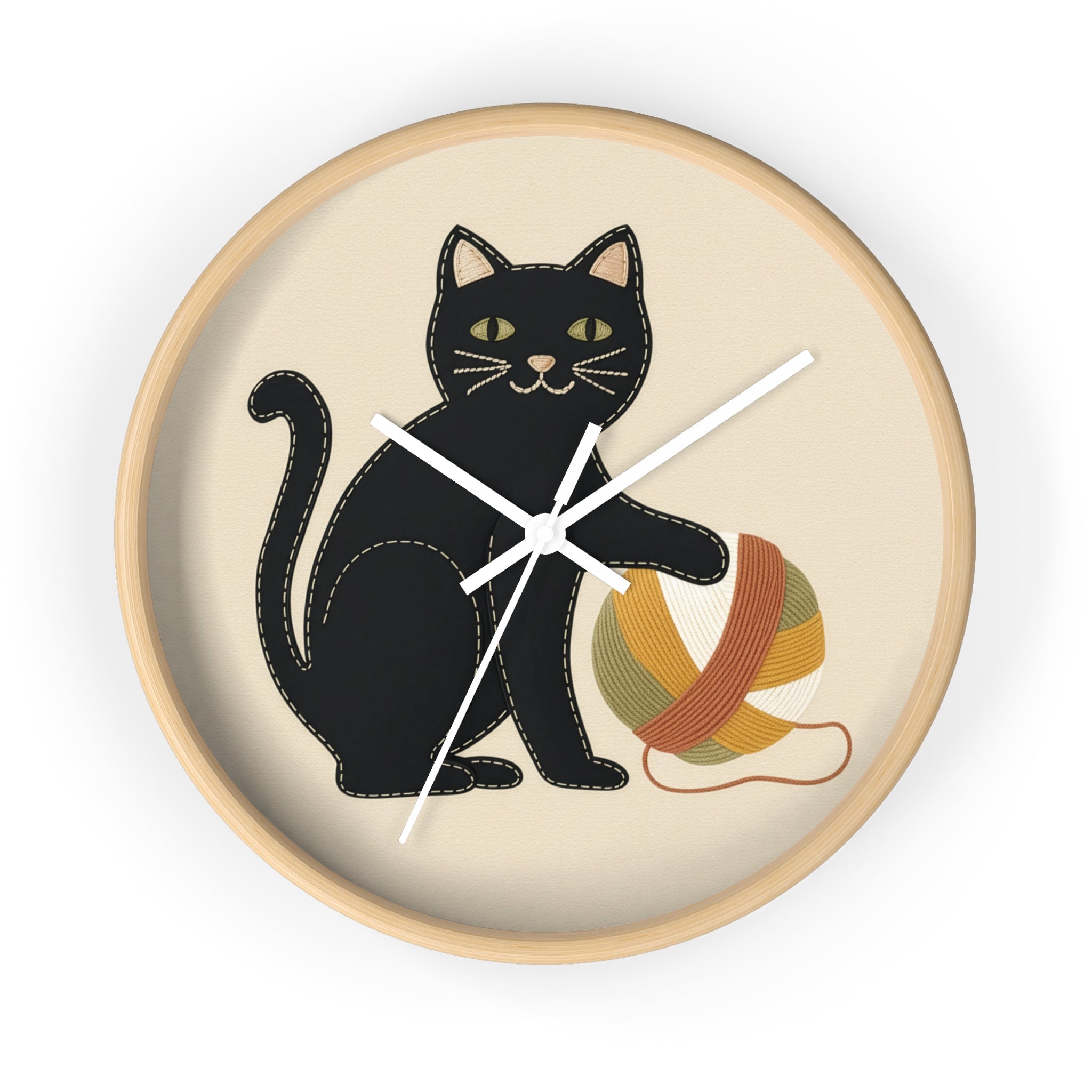 Black Cat Yarn Wall Clock, Modern Minimalist Cat Decor, Knitting & Crochet Lover Gift, Playful Nursery or Craft Room Clock