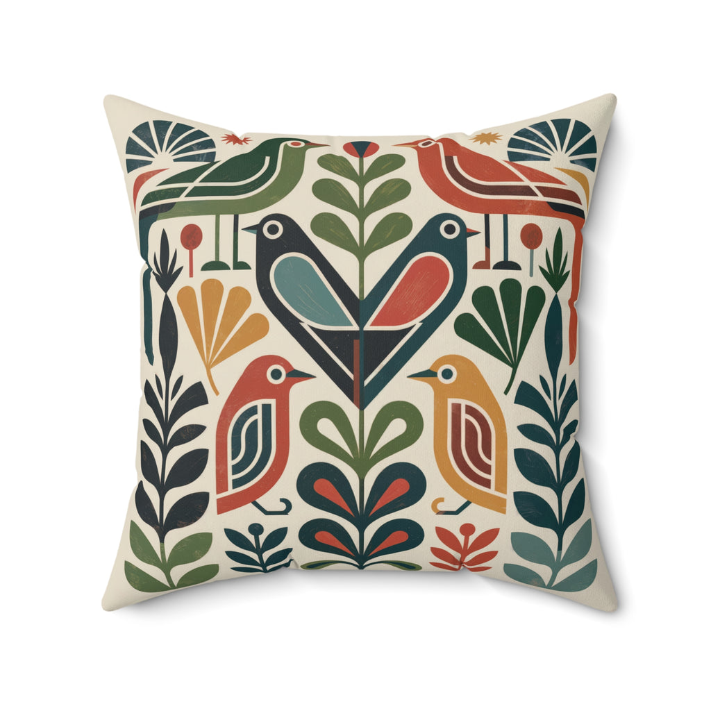 Mid-Century Folk Bird Throw Pillow, Geometric Botanical Cushion, Retro Modern Accent Pillow