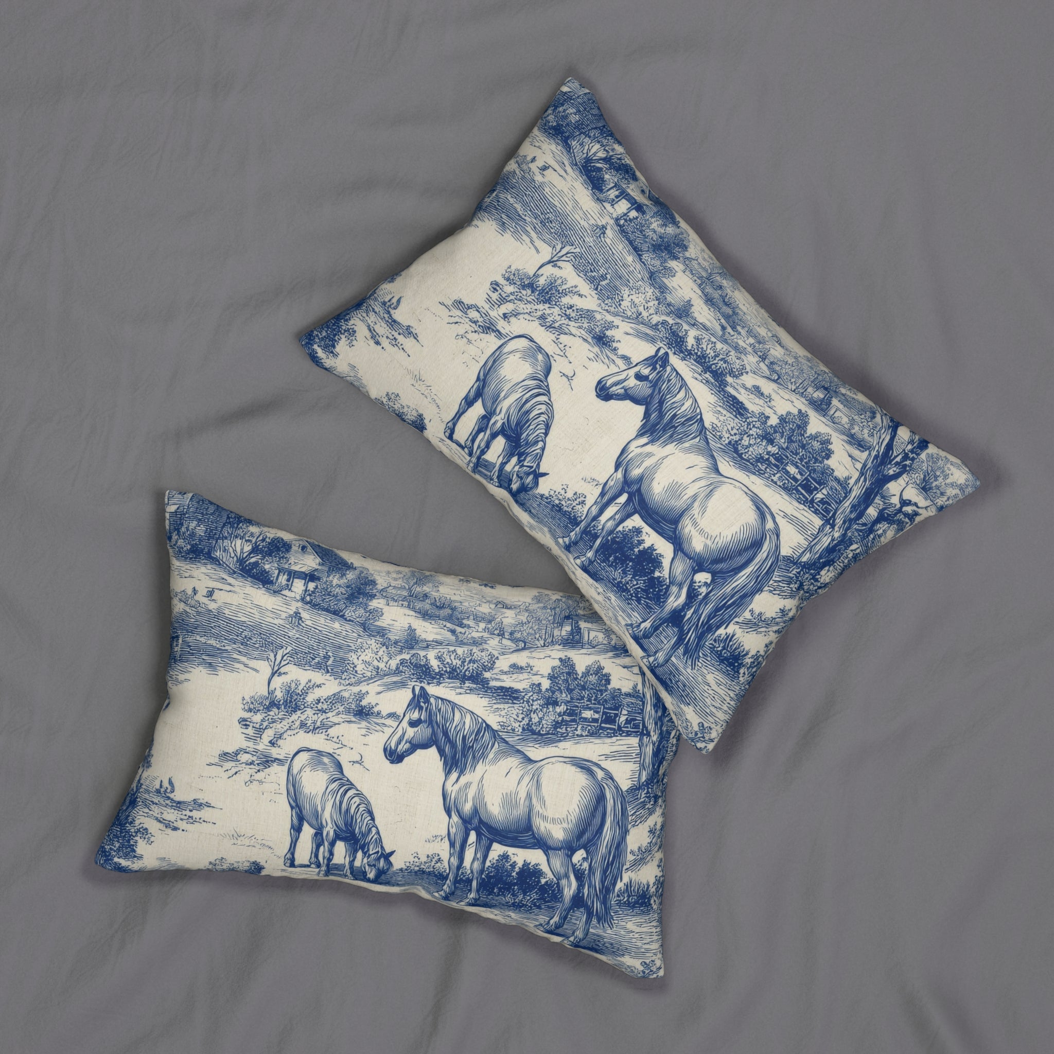 Blue Toile Horse and Cottage Scene Lumbar Pillow | French Country Decor