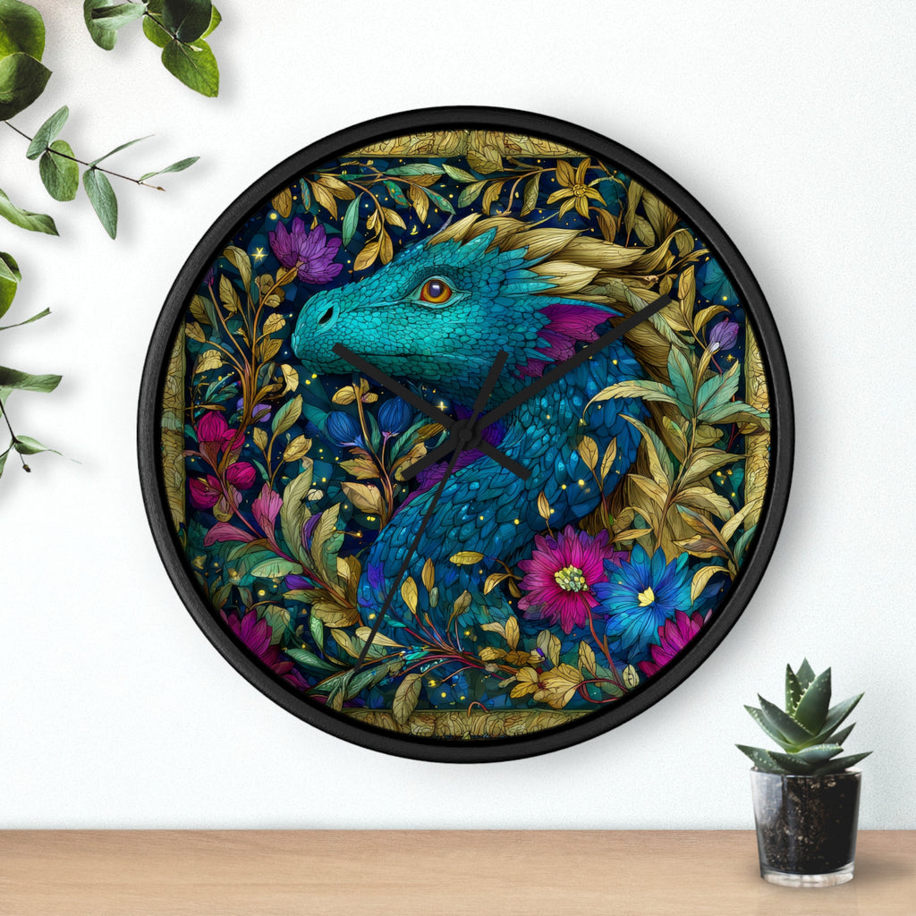 Stained-Glass Dragon Night Garden Wall Clock | Ornate Jewel-Tone Botanical