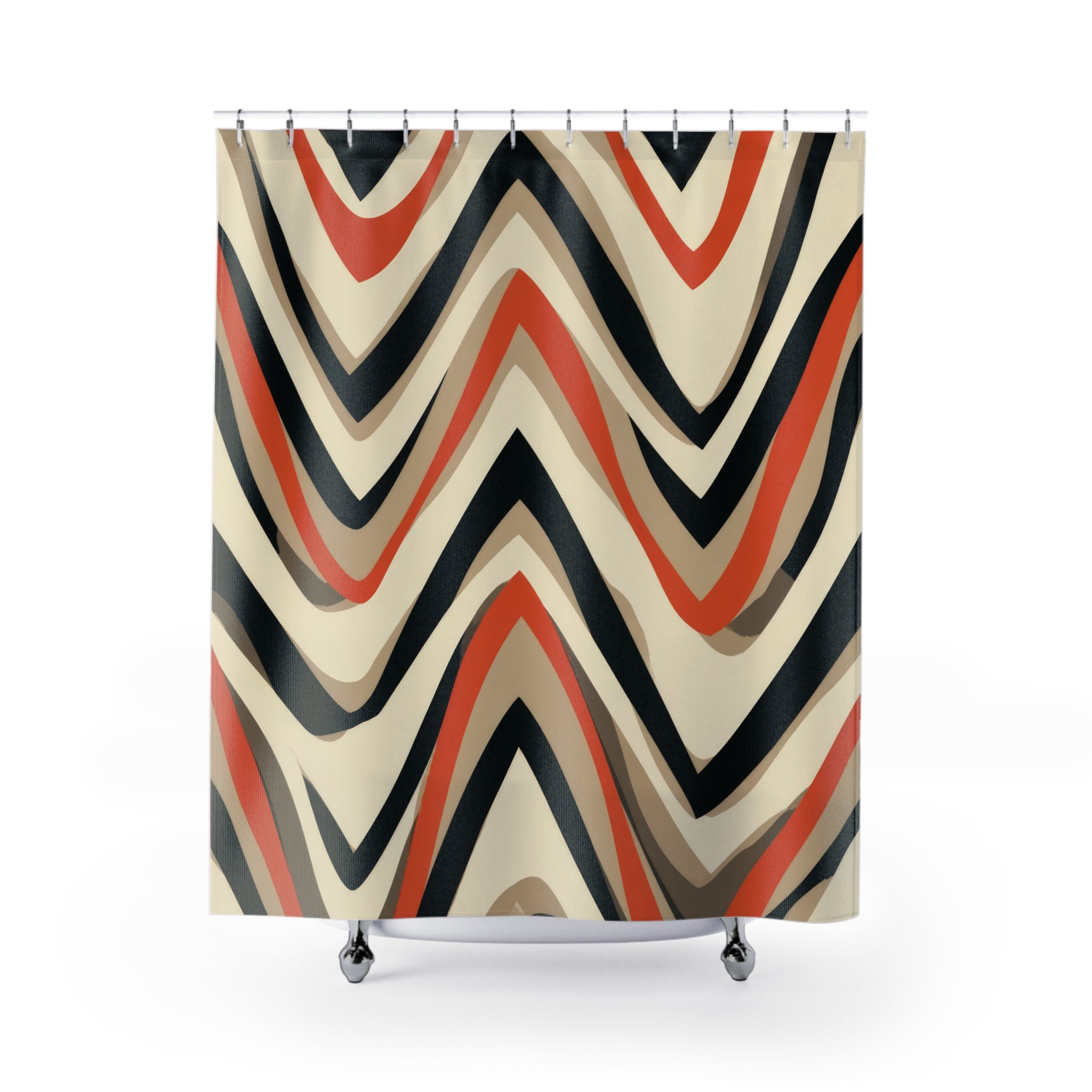 Retro Chevron Shower Curtain | 70s Geometric Bathroom Decor | Terracotta Black Cream | Mid Century Modern Bath Curtain