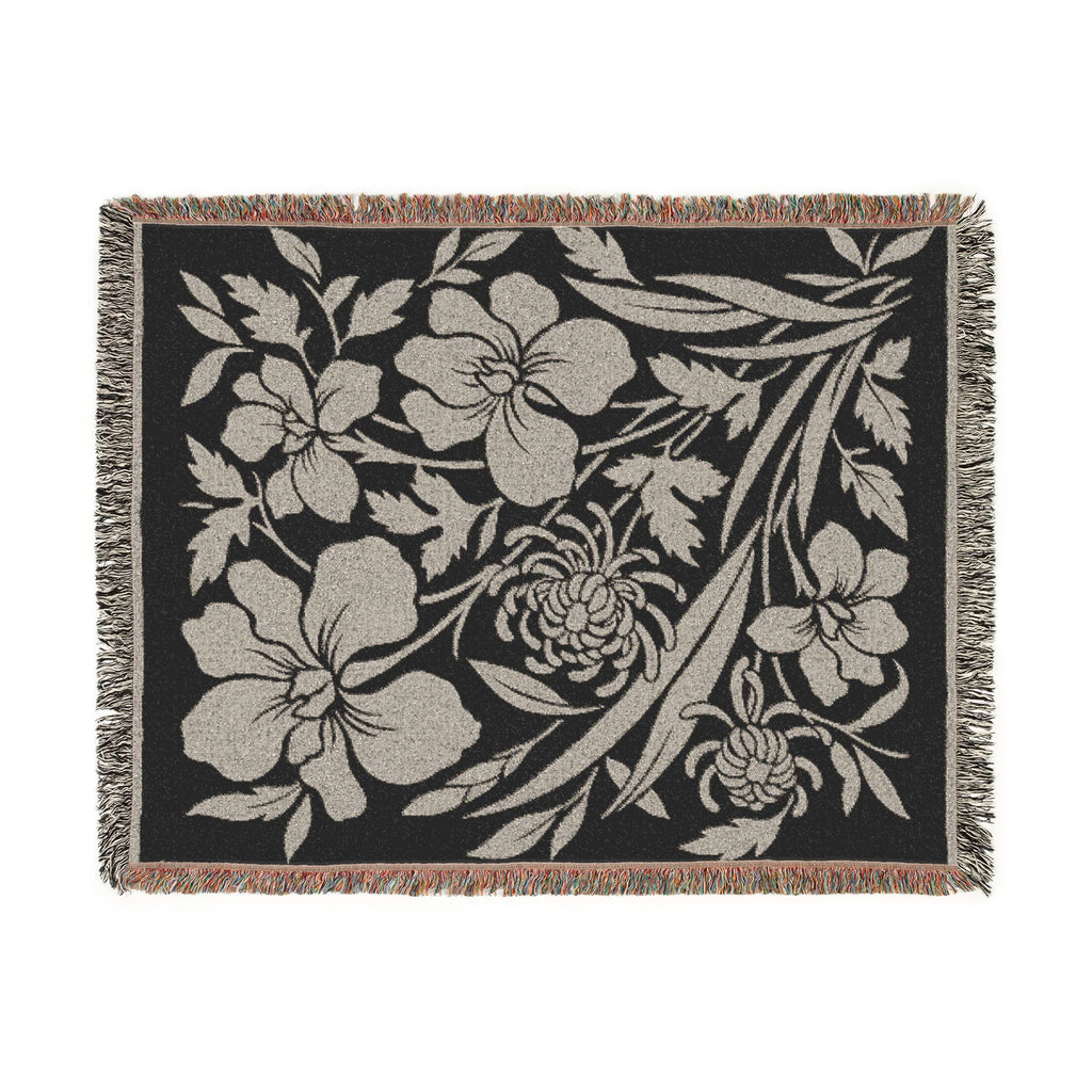 Neutral Japanese-Inspired Midnight Botanicals Floral Pattern Woven Blanket | Botanical Throw, Fringe Edge