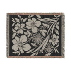 Neutral Japanese-Inspired Midnight Botanicals Floral Pattern Woven Blanket | Botanical Throw, Fringe Edge