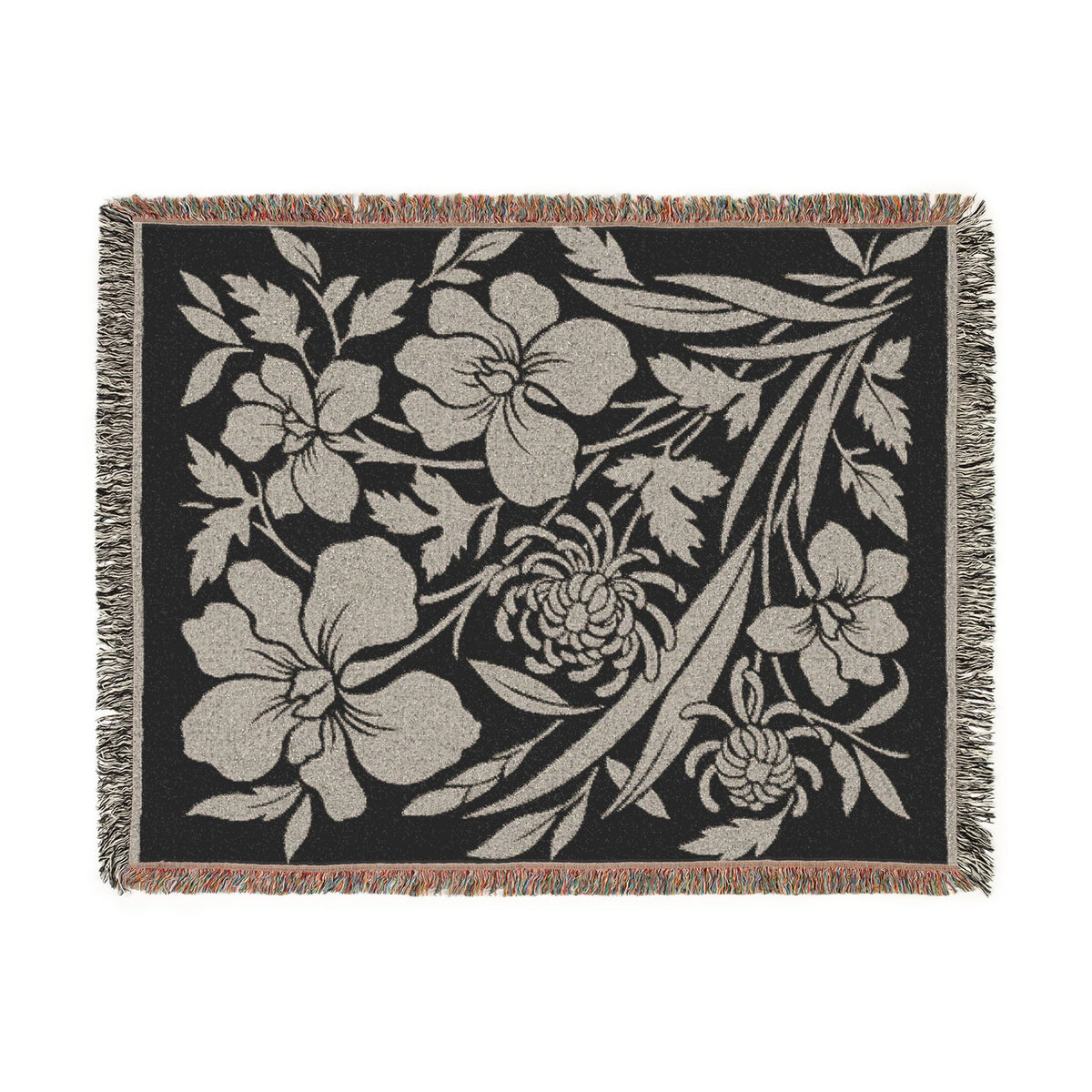 Neutral Japanese-Inspired Midnight Botanicals Floral Pattern Woven Blanket | Botanical Throw, Fringe Edge
