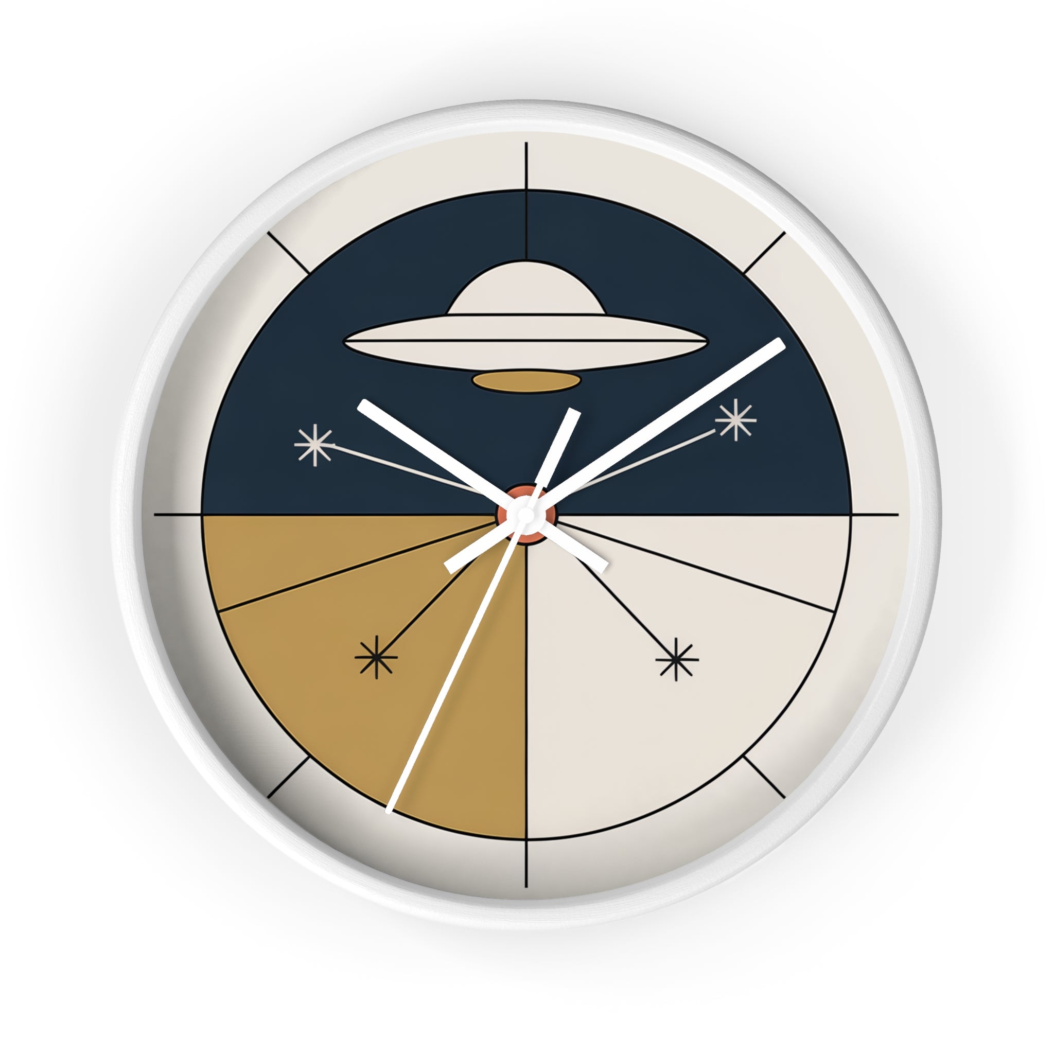 Mid Century Modern Clock, Geometric UFO Wall Clock, Atomic Constellation Design, Minimal Space Age Decor, Navy Cream Brass Clock