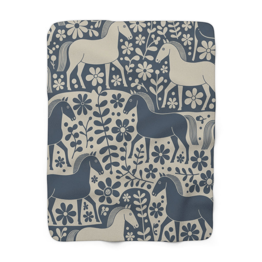 Scandinavian Dala Horse Folk Art Sherpa Fleece Blanket | Nordic Floral Pattern