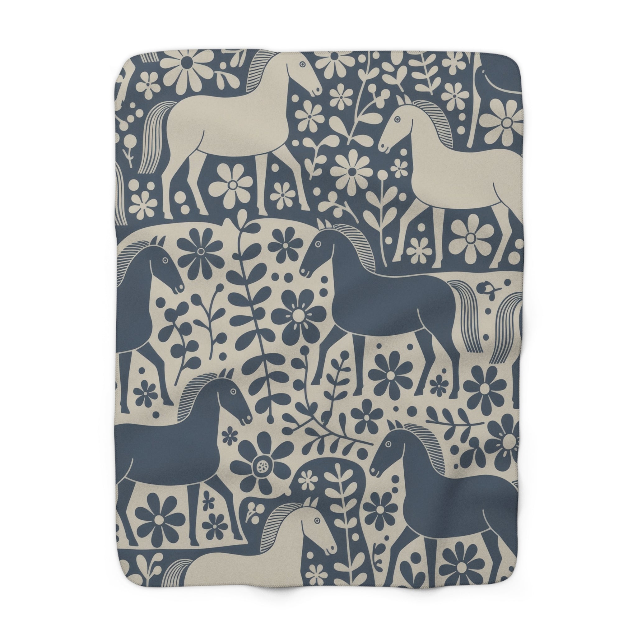 Scandinavian Dala Horse Folk Art Sherpa Fleece Blanket | Nordic Floral Pattern