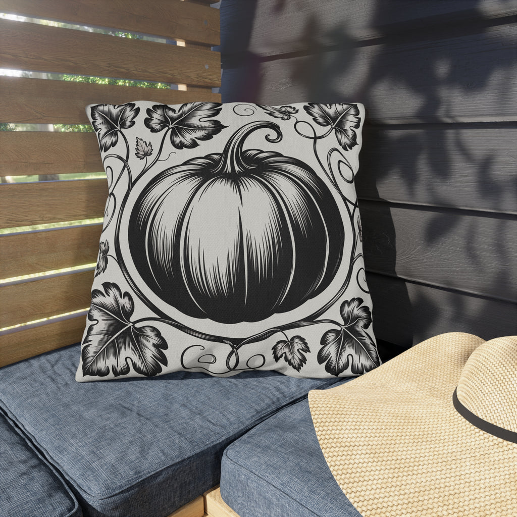 Black and cream outdoor pillow with woodcut-style pumpkin and vines