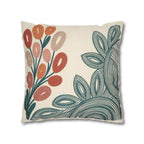 Mid Century Coral Teal Botanical Faux Suede Pillow Case | Modern Floral Decorative Accent