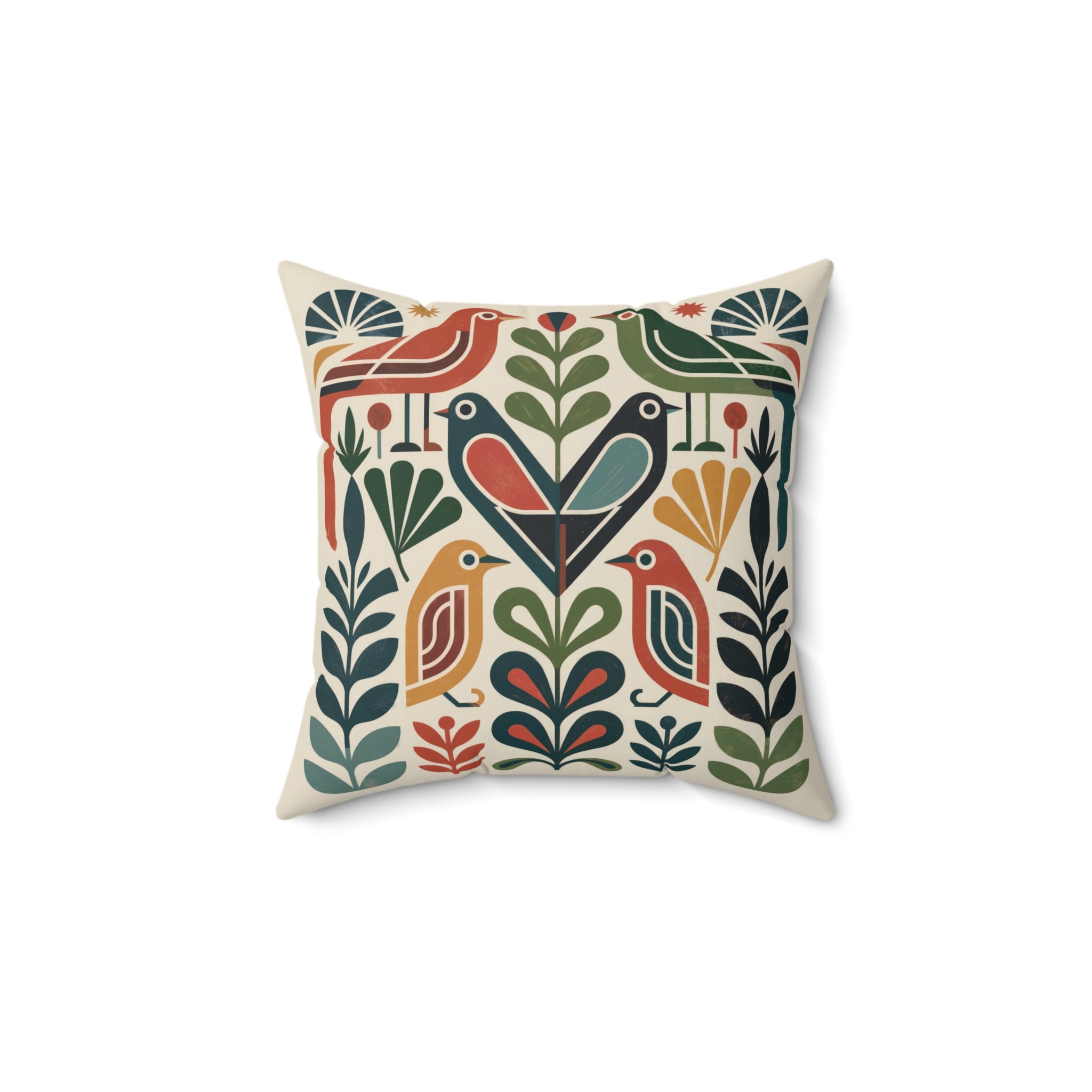 Mid-Century Folk Bird Throw Pillow, Geometric Botanical Cushion, Retro Modern Accent Pillow