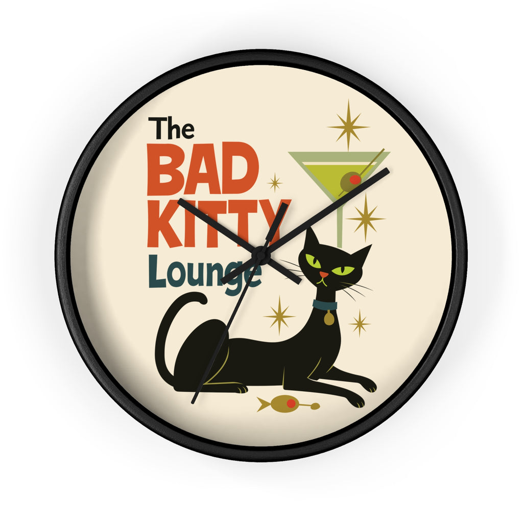 Bad Kitty Lounge Wall Clock | Mid Century Cat Martini Retro Kitchen Decor