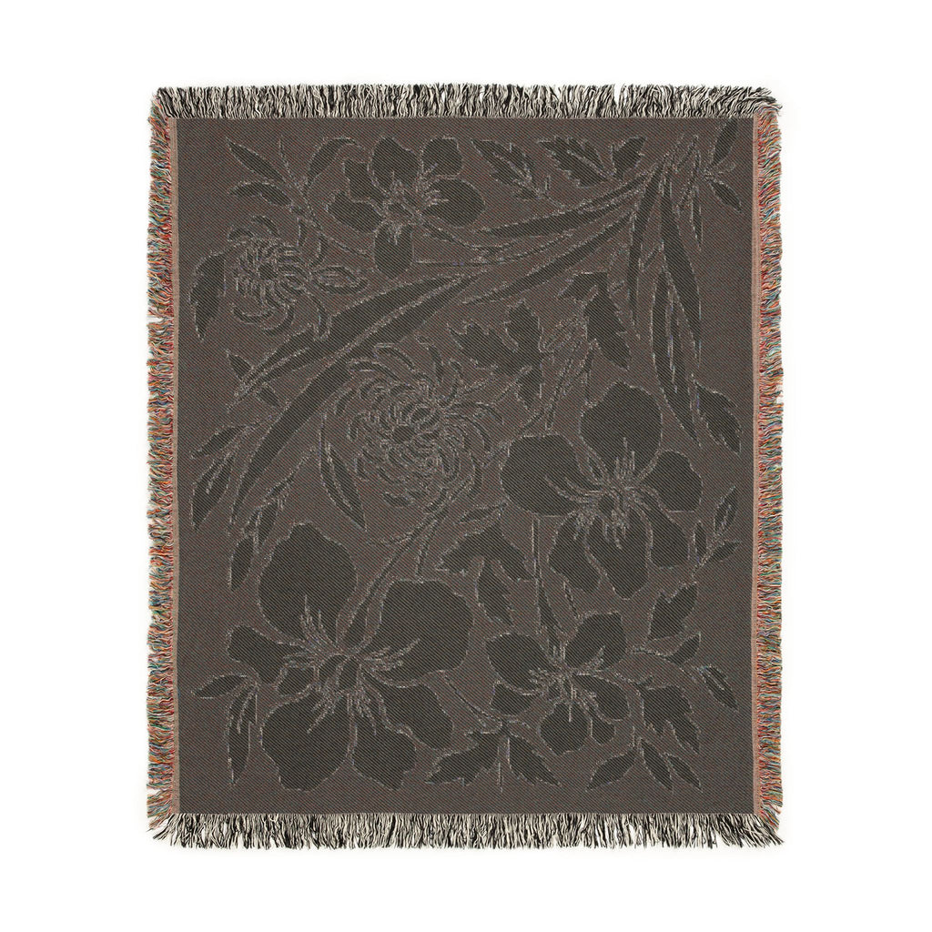 Neutral Japanese-Inspired Midnight Botanicals Floral Pattern Woven Blanket | Botanical Throw, Fringe Edge