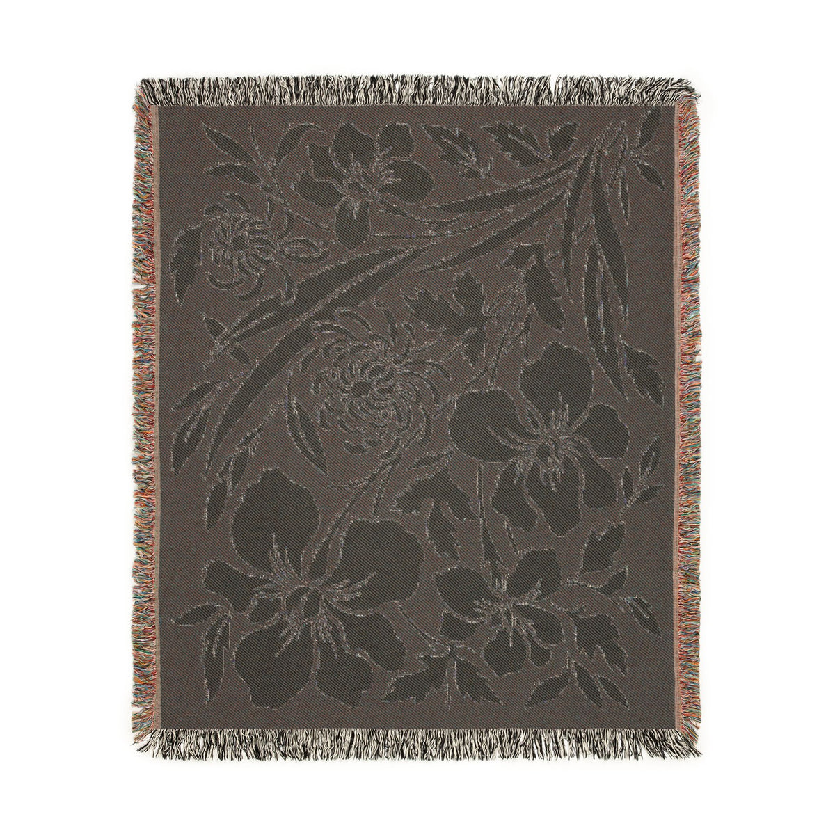 Neutral Japanese-Inspired Midnight Botanicals Floral Pattern Woven Blanket | Botanical Throw, Fringe Edge