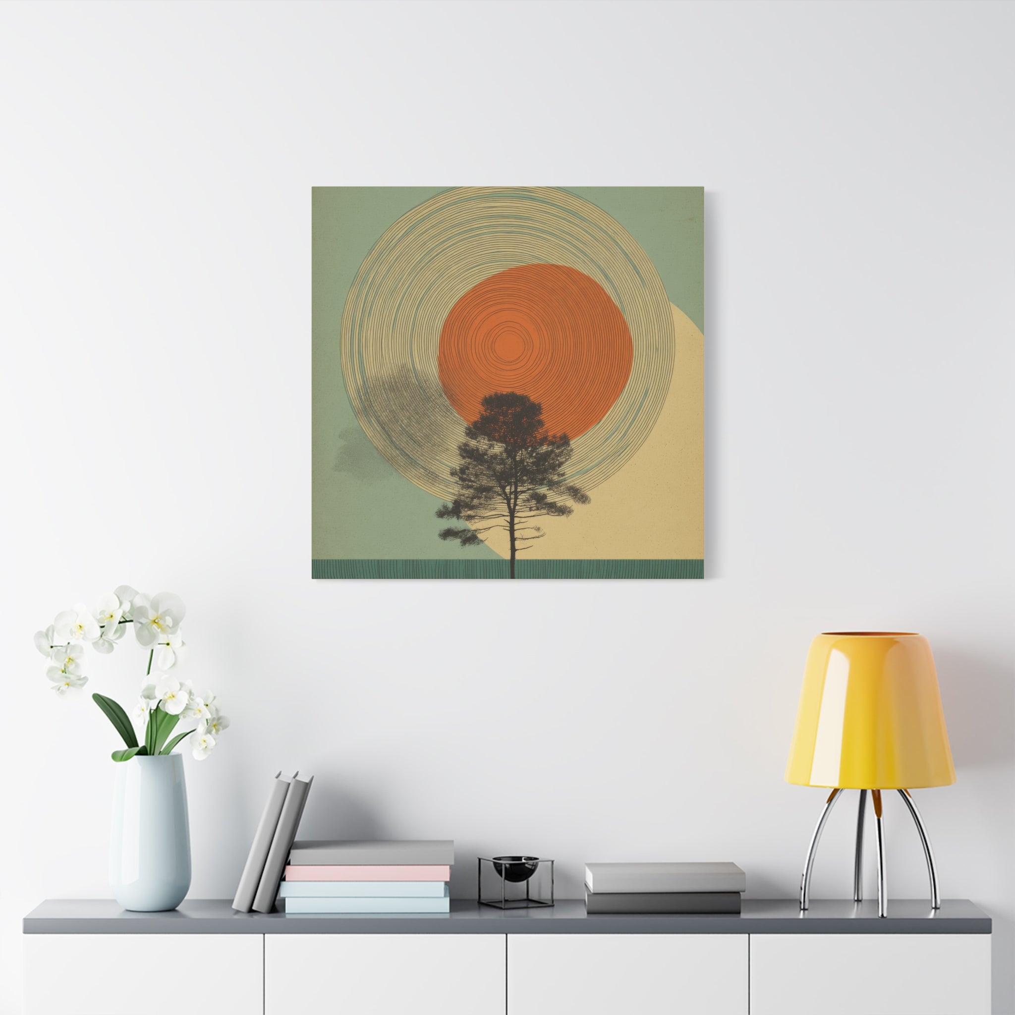 Tree Ring Wall Art | Mid Century Wall Art | Abstract Canvas Of Sun And Tree Nature Landscape